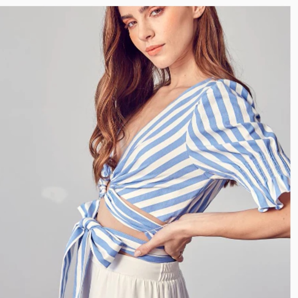 Hausen Blue and White Wrap Top
